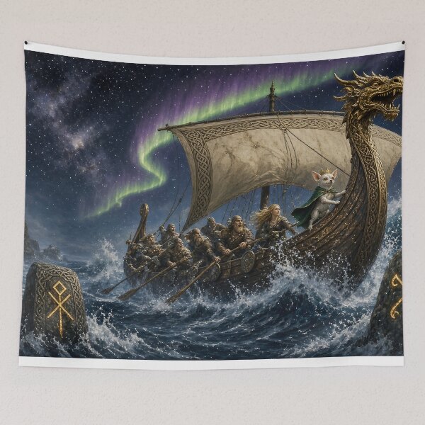 Item preview, Joshi, King of the Northern Seas - The White Chihuahua King at the Dragon Prow of a Viking Longship designed and sold by KGOart.
