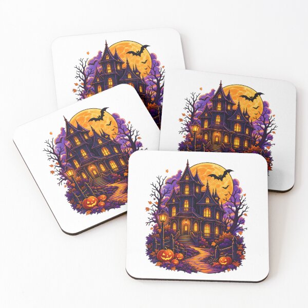 Item preview, Haunted Victorian House Under Orange Full Moon | Spooky Halloween Bats Pumpkins Gothic Autumn Art designed and sold by stillhereworks.