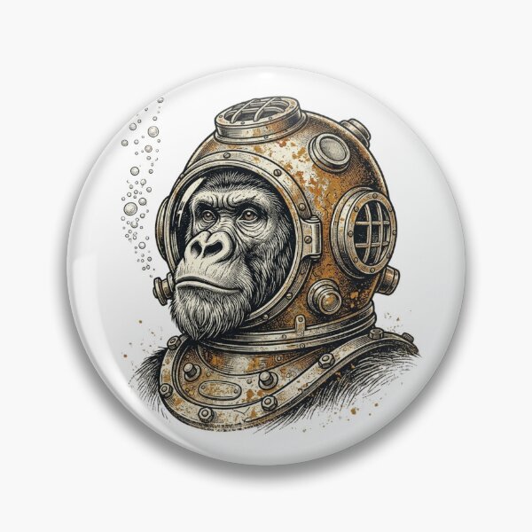 Item preview, Vintage Chimpanzee in Deep Sea Diving Helmet, Steampunk Primate Ocean Explorer designed and sold by raedattia.