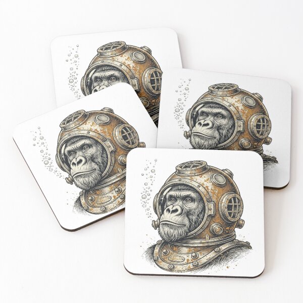Item preview, Vintage Chimpanzee in Deep Sea Diving Helmet, Steampunk Primate Ocean Explorer designed and sold by raedattia.