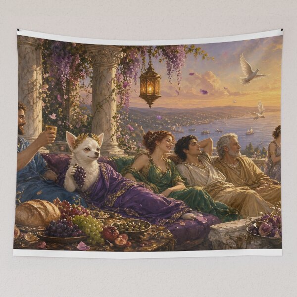 Item preview, Joshi, Emperor of the Golden Banquet - The White Chihuahua Emperor Feasting at a Roman Villa at Sunset designed and sold by KGOart.