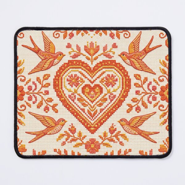 Item preview, Ornate Folk Damask Cross Stitch Heart Swallows designed and sold by GangisHouse.