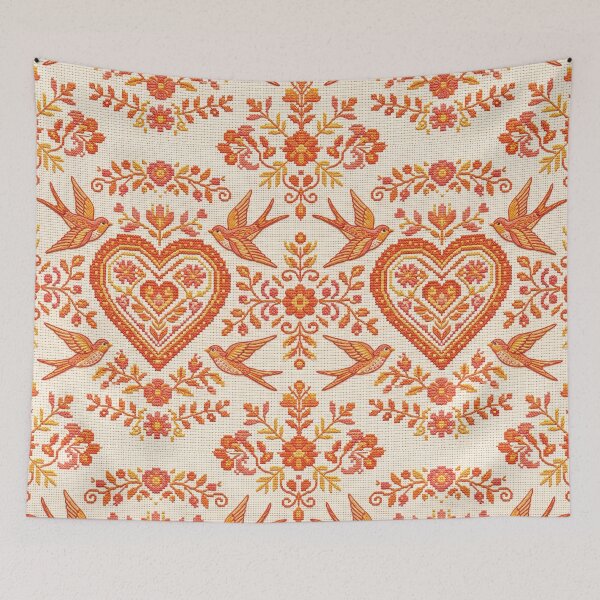 Item preview, Ornate Folk Damask Cross Stitch Heart Swallows designed and sold by GangisHouse.