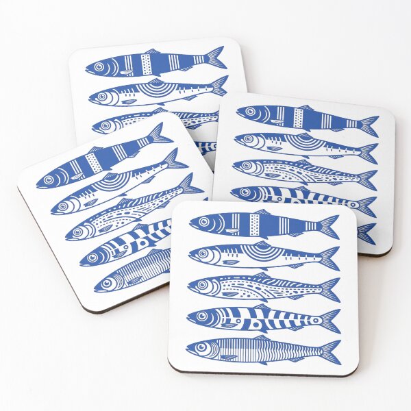Item preview, Mediterranean Sardines Linocut Blue Pattern, Portuguese Canned Fish Tile Illustration designed and sold by raedattia.