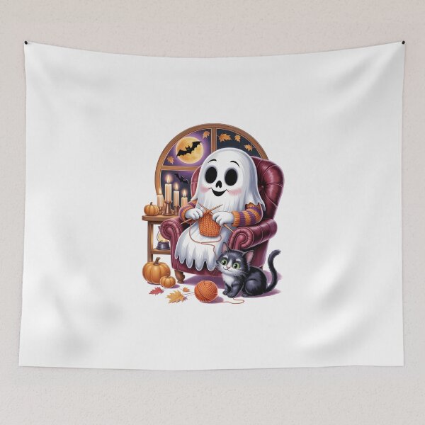 Item preview, Knitting Ghost In Armchair – Cute Halloween Black Cat Yarn Art designed and sold by jkrphoto.