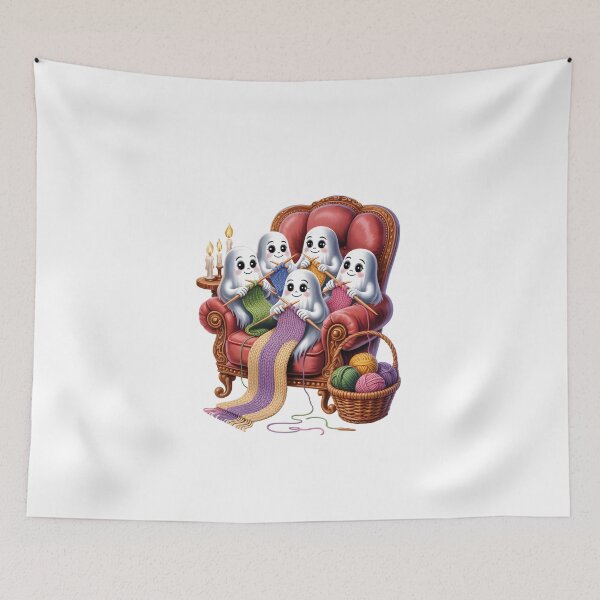 Item preview, Ghost Knitting Circle – Cute Halloween Ghosts In Armchair Art designed and sold by jkrphoto.