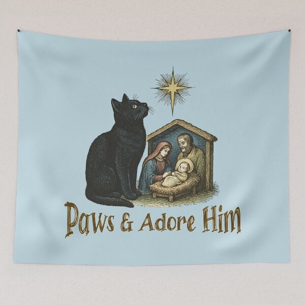 Item preview, Black Cat Christian Christmas Paws and Adore Him designed and sold by Sachie's Studio.