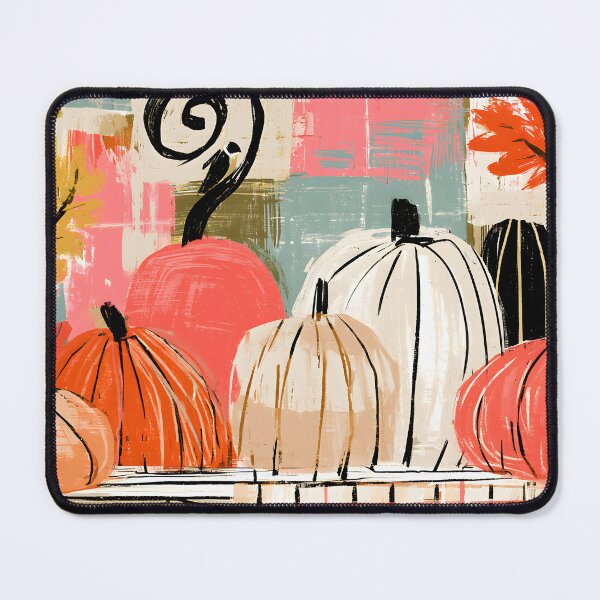 Item preview, Eclectic Pumpkin Display on a Rustic Wooden Shelf with Whimsical Abstract Leaves Vibrant Autumn Art designed and sold by OlfactoART Studio.