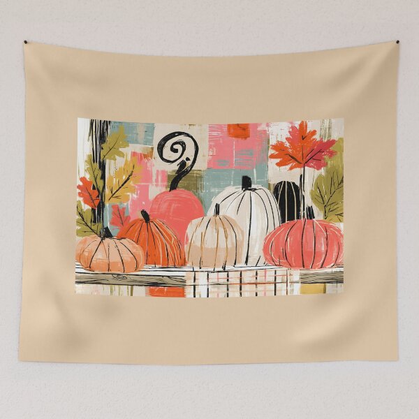 Item preview, Eclectic Pumpkin Display on a Rustic Wooden Shelf with Whimsical Abstract Leaves Vibrant Autumn Art designed and sold by OlfactoART Studio.