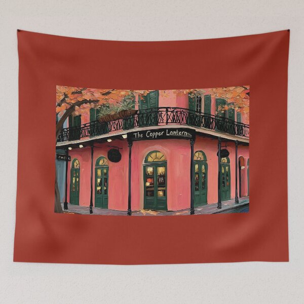 Item preview, Discover New Orleans Cafe Charm with Pink Walls, Green Doors, Glowing Lights, and Autumn Leaves designed and sold by OlfactoART Studio.