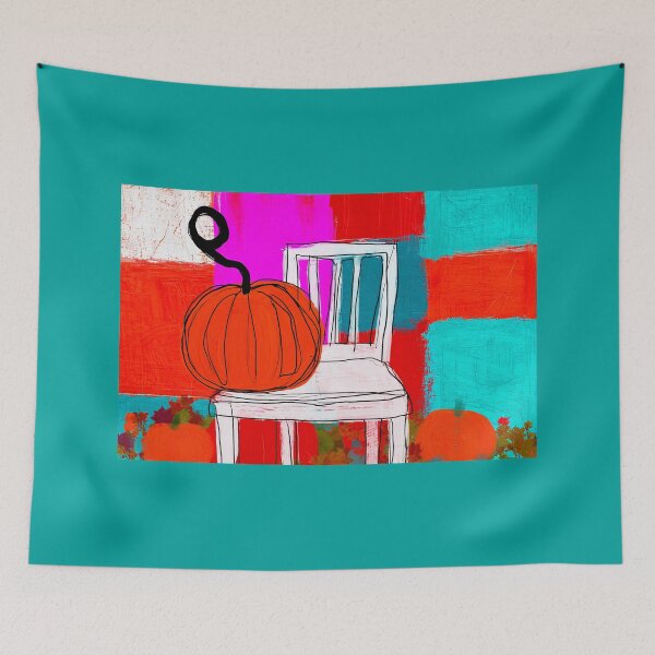 Item preview, Abstract Pumpkin on a White Chair Against a Vibrant Background of Red, Blue, and Autumn Colors designed and sold by OlfactoART Studio.