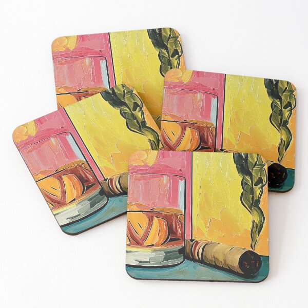 Item preview, Whiskey on the Rocks and a Lit Cigar on a Colorful Table with Vibrant Brushstrokes designed and sold by OlfactoART Studio.