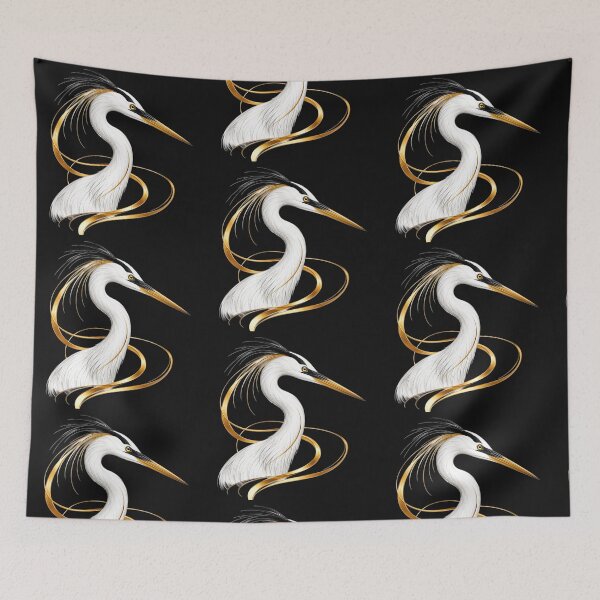 Item preview, Majestic White Egret with Metallic Gold Ribbons - Luxury Heron Wildlife Art designed and sold by Nubian Style.