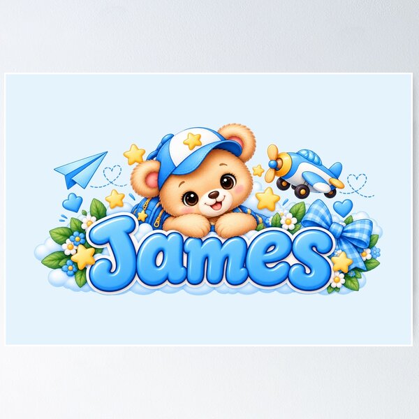 Item preview, James Cute Teddy Bear School Adventure – Blue Kids Name Design designed and sold by HO•Designs.