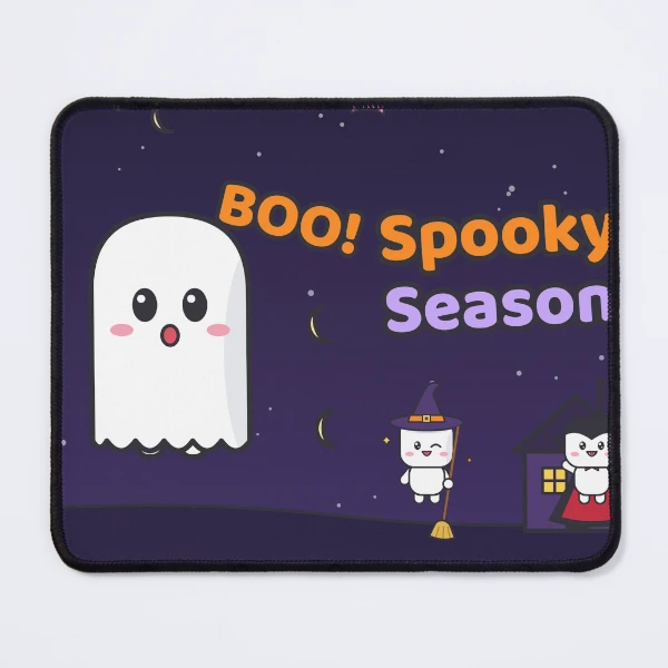 Spooky Season - Cute Ghost Marshmallow Pip and Haunted House — Mouse Pad by BiMood