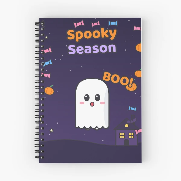 Spooky Season - Cute Ghost Marshmallow Pip and Haunted House — Spiral Notebook by BiMood