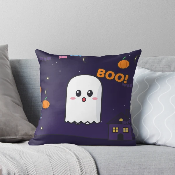 Spooky Season - Cute Ghost Marshmallow Pip and Haunted House — Throw Pillow by BiMood