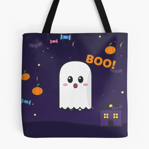 Spooky Season - Cute Ghost Marshmallow Pip and Haunted House — All Over Print Tote Bag by BiMood
