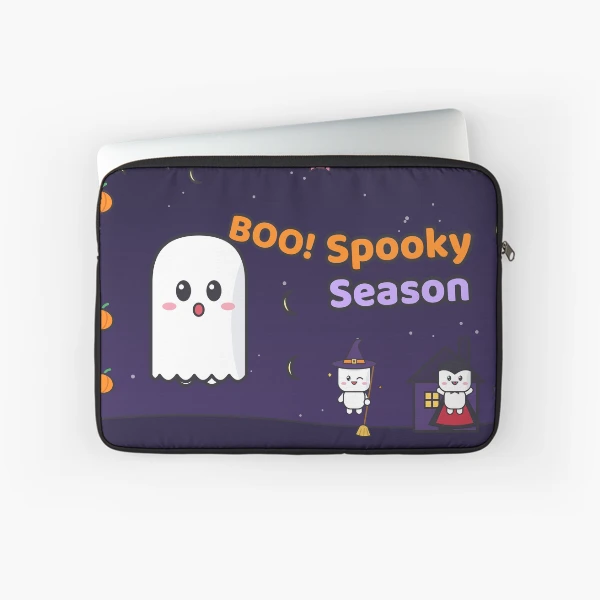 Spooky Season - Cute Ghost Marshmallow Pip and Haunted House — Laptop Sleeve by BiMood