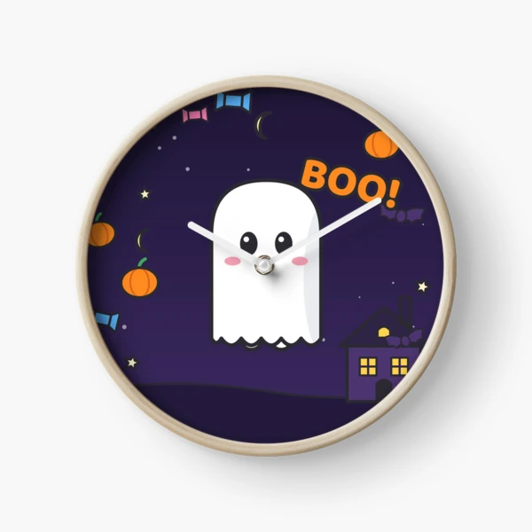 Spooky Season - Cute Ghost Marshmallow Pip and Haunted House — Clock by BiMood
