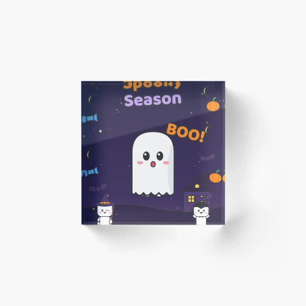 Spooky Season - Cute Ghost Marshmallow Pip and Haunted House — Acrylic Block by BiMood