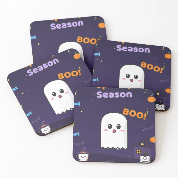 Spooky Season - Cute Ghost Marshmallow Pip and Haunted House — Coasters (Set of 4) by BiMood