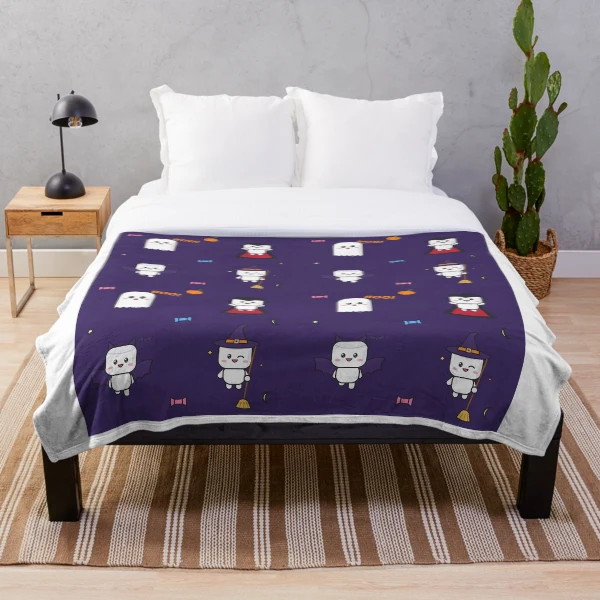 Spooky Season - Cute Ghost Marshmallow Pip and Haunted House — Throw Blanket by BiMood