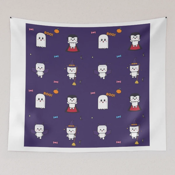 Spooky Season - Cute Ghost Marshmallow Pip and Haunted House — Tapestry by BiMood