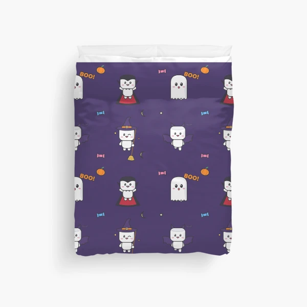 Spooky Season - Cute Ghost Marshmallow Pip and Haunted House — Duvet Cover by BiMood