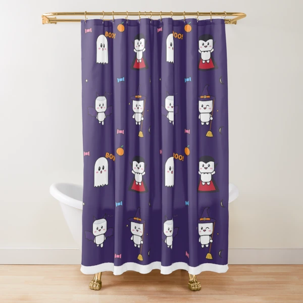 Spooky Season - Cute Ghost Marshmallow Pip and Haunted House — Shower Curtain by BiMood