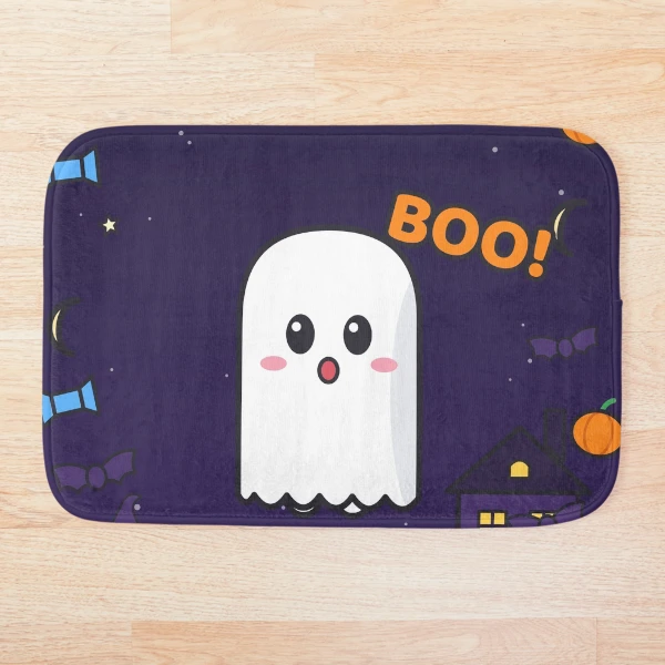 Spooky Season - Cute Ghost Marshmallow Pip and Haunted House — Bath Mat by BiMood