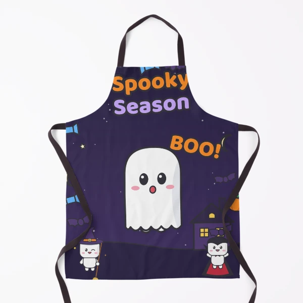 Spooky Season - Cute Ghost Marshmallow Pip and Haunted House — Apron by BiMood
