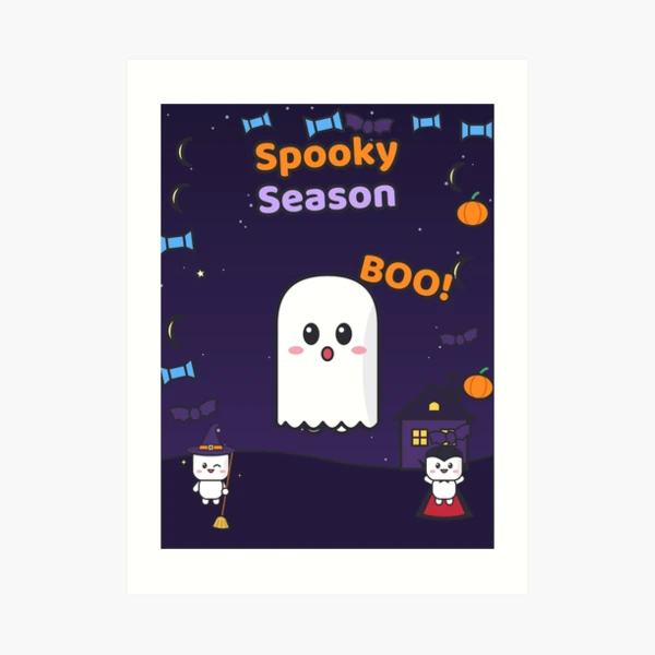 Spooky Season - Cute Ghost Marshmallow Pip and Haunted House — Art Print by BiMood