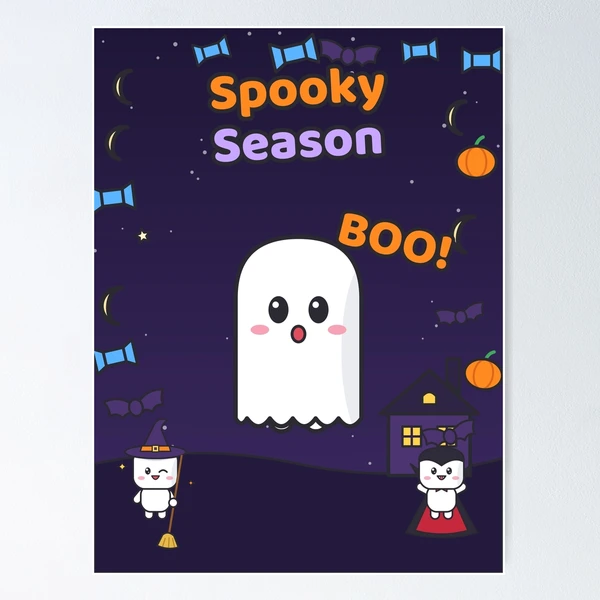 Spooky Season - Cute Ghost Marshmallow Pip and Haunted House — Poster by BiMood