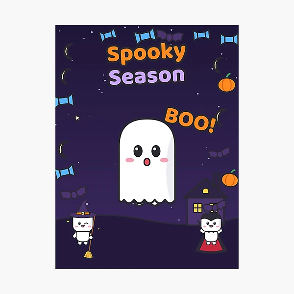Spooky Season - Cute Ghost Marshmallow Pip and Haunted House — Photographic Print by BiMood