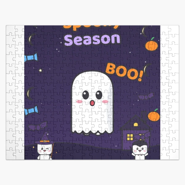 Spooky Season - Cute Ghost Marshmallow Pip and Haunted House — Jigsaw Puzzle by BiMood