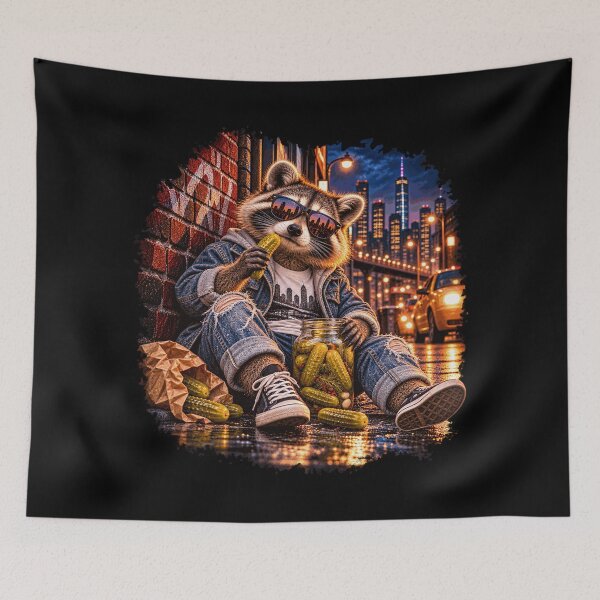 Item preview, Un mapache genial comiendo pepinillos – Un mapache urbano divertido designed and sold by Scarlett-Goods.