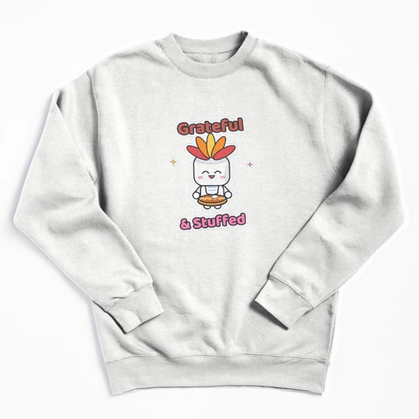Grateful and Stuffed - Funny Thanksgiving Turkey Marshmallow Pip — Pullover Sweatshirt by BiMood