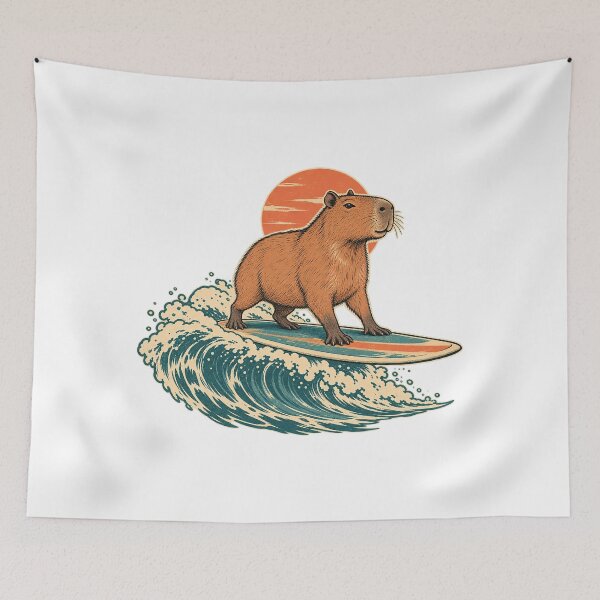 Item preview, Vintage Surfing Capybara with Waves and Sunset designed and sold by AMICO77.