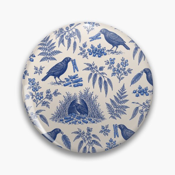 Item preview, Bowerbird Toile Pattern | Satin Bowerbirds Collecting Blue Bottle Caps and Pegs, Blue Toile de Jouy designed and sold by StickyGuys.