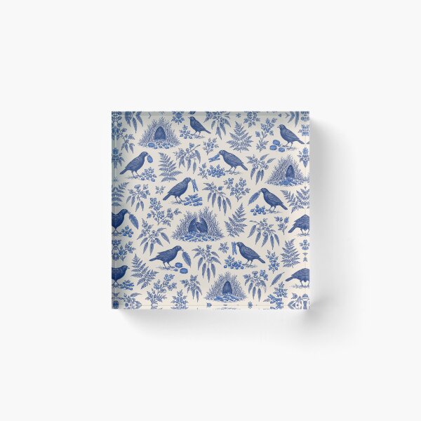 Item preview, Bowerbird Toile Pattern | Satin Bowerbirds Collecting Blue Bottle Caps and Pegs, Blue Toile de Jouy designed and sold by StickyGuys.
