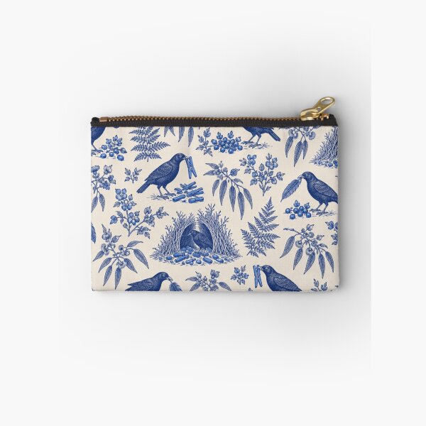 Item preview, Bowerbird Toile Pattern | Satin Bowerbirds Collecting Blue Bottle Caps and Pegs, Blue Toile de Jouy designed and sold by StickyGuys.
