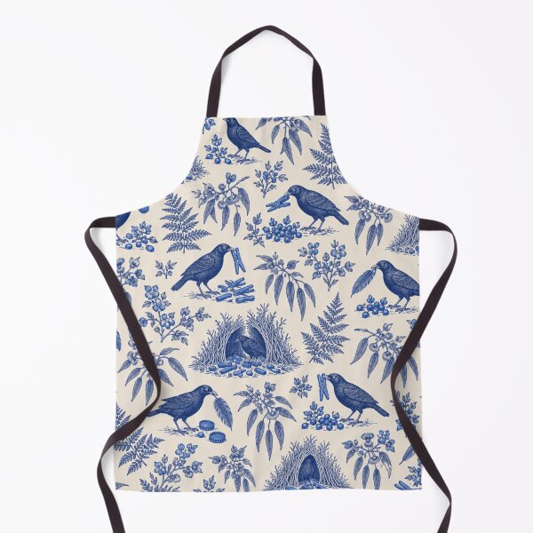 Item preview, Bowerbird Toile Pattern | Satin Bowerbirds Collecting Blue Bottle Caps and Pegs, Blue Toile de Jouy designed and sold by StickyGuys.