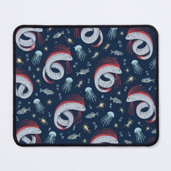Item preview, Oarfish Deep Sea Pattern | Coiled Silver Oarfish with Red Crests, Jellyfish and Lanternfish designed and sold by StickyGuys.