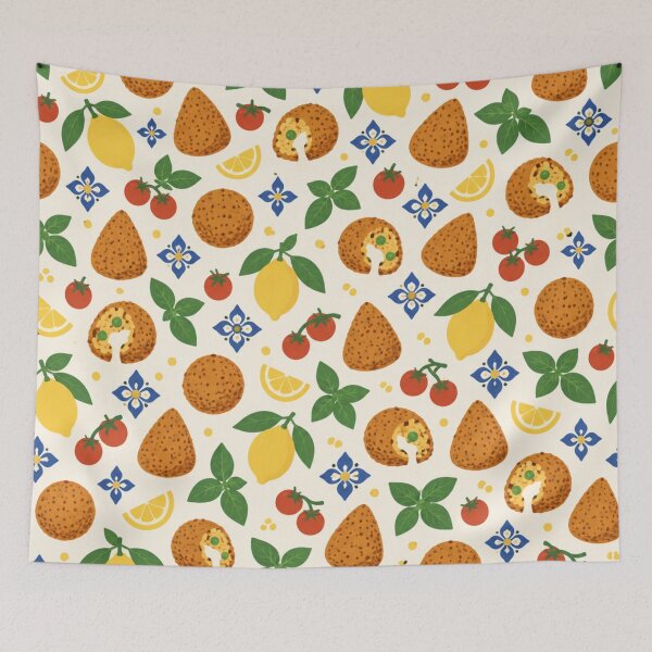 Item preview, Arancini Sicilian Food Pattern | Fried Rice Balls with Mozzarella, Lemons, Basil and Majolica Tiles designed and sold by StickyGuys.