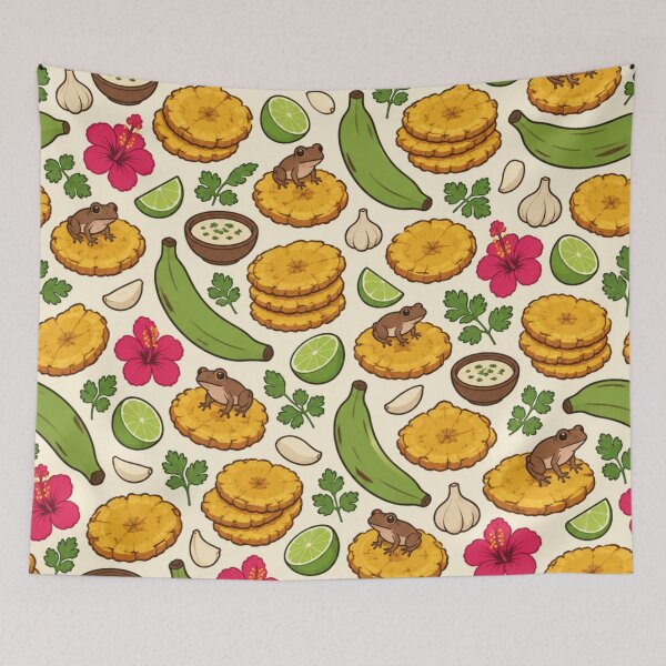 Item preview, Tostones Puerto Rican Food Pattern | Fried Plantains with Mojo, Limes, Hibiscus and Coqui Frogs designed and sold by StickyGuys.