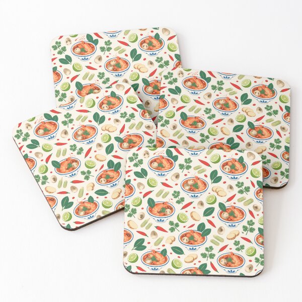 Item preview, Tom Yum Thai Food Pattern | Spicy Shrimp Soup Bowls with Chilies, Lime Leaves and Galangal designed and sold by StickyGuys.