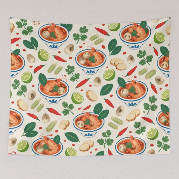 Item preview, Tom Yum Thai Food Pattern | Spicy Shrimp Soup Bowls with Chilies, Lime Leaves and Galangal designed and sold by StickyGuys.