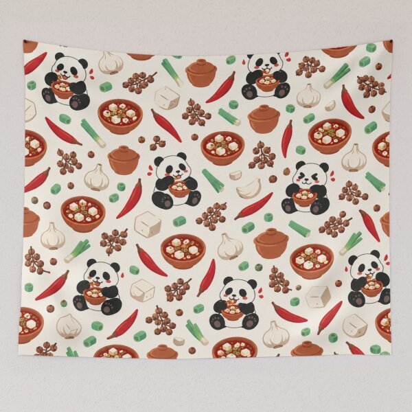Item preview, Mapo Tofu Sichuan Food Pattern | Pandas Eating Spicy Tofu with Chilies and Sichuan Peppercorns designed and sold by StickyGuys.