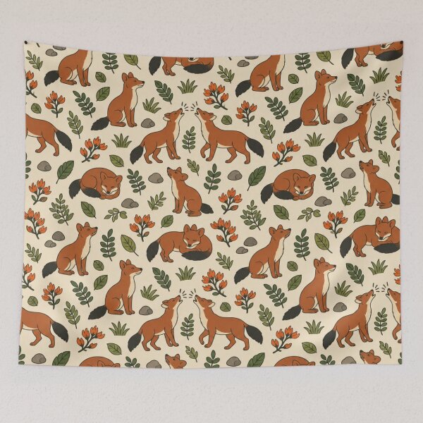 Item preview, Dhole Wild Dog Pattern | Red Asian Wild Dogs Whistling in the Forest with Sal Leaves and Flowers designed and sold by StickyGuys.